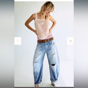 Free People Good Luck Mid-Rise Barrel Jeans 26 Barnyard Blue, trade for size 25